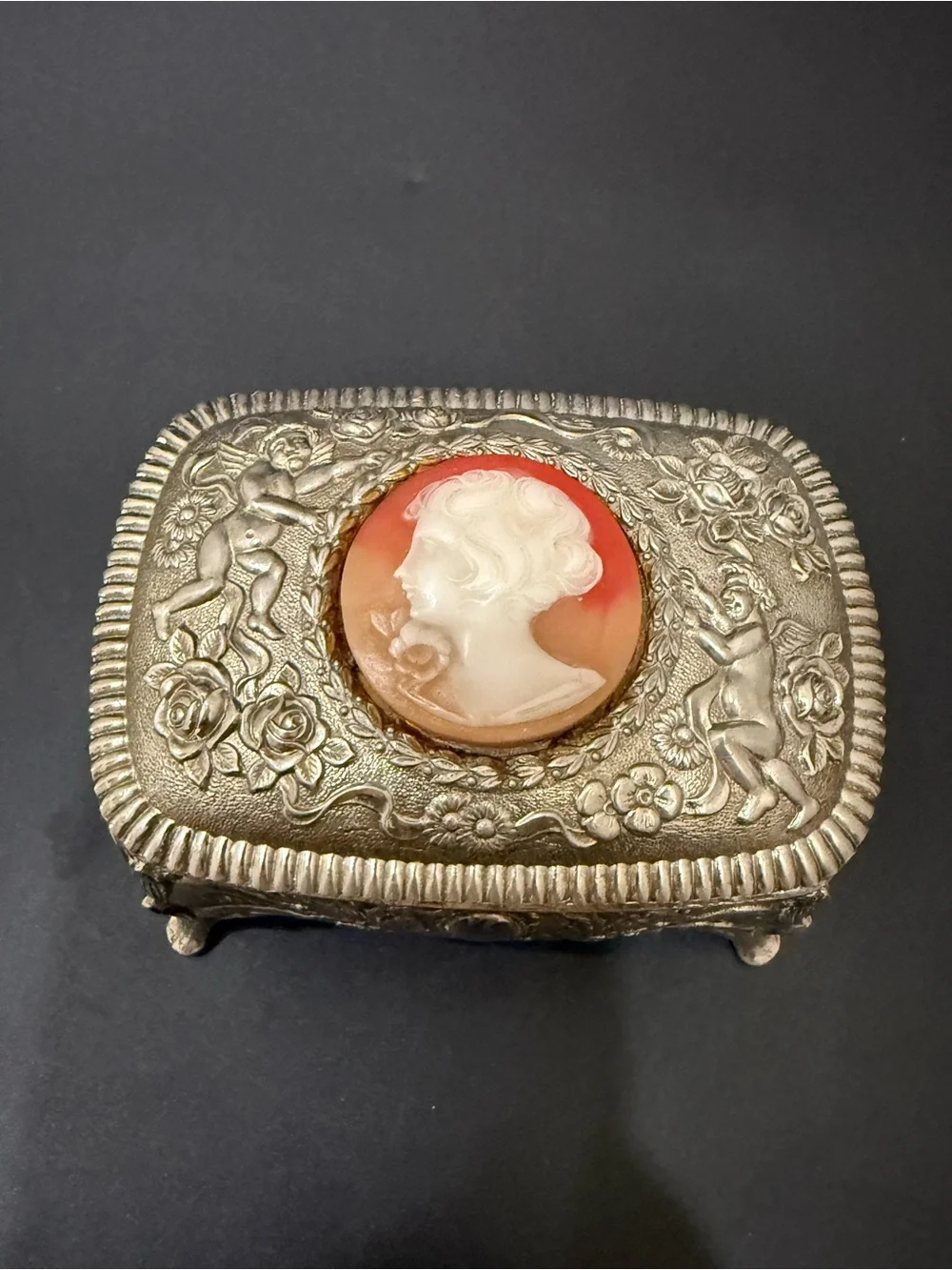 Vintage Victorian Revival Cameo Silver-plated Ornate Footed Trinket Jewelry Box